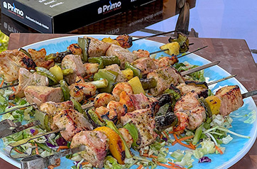 Summertime Sea Bass, Shrimp, & Peach Kebabs